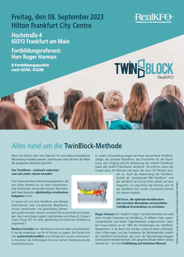 Das Deckblatt des Flyers für die Twin Block Schulung für Behandler von RealKFO am 8. September 2023 in Frankfurt am Main.